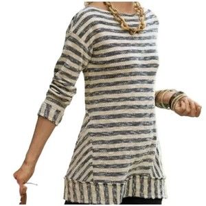 Soft Surroundings Marina Striped Tunic Pullover Sz M Beige & Black Raw Hem